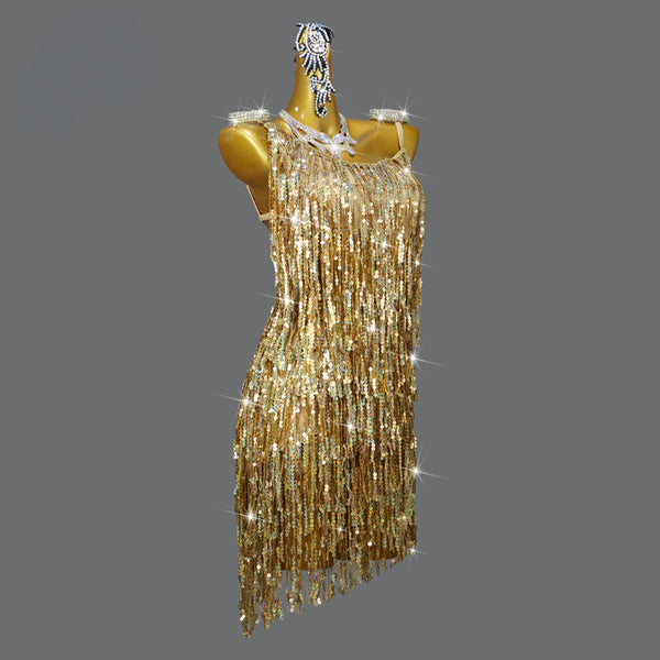 Customized Gold Sequins Latin Dress Backless Tassel Fringed Short Dance Skirt Tango Salsa Samba Dancewear Competition Outfits DANCEYM Customized Gold Sequins Latin Dress Backless Tassel Fringed Short Dance Skirt Tango Salsa Samba Dancewear Competition Outfits DANCEYM
