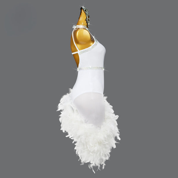 Customized Professional Latin Dance Dress White Feather Trim Hemba Cha Cha  Performance Dancing Costume  DANCEYM