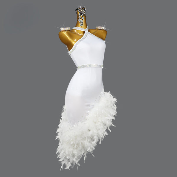 Customized Professional Latin Dance Dress White Feather Trim Hemba Cha Cha  Performance Dancing Costume – DANCEYM