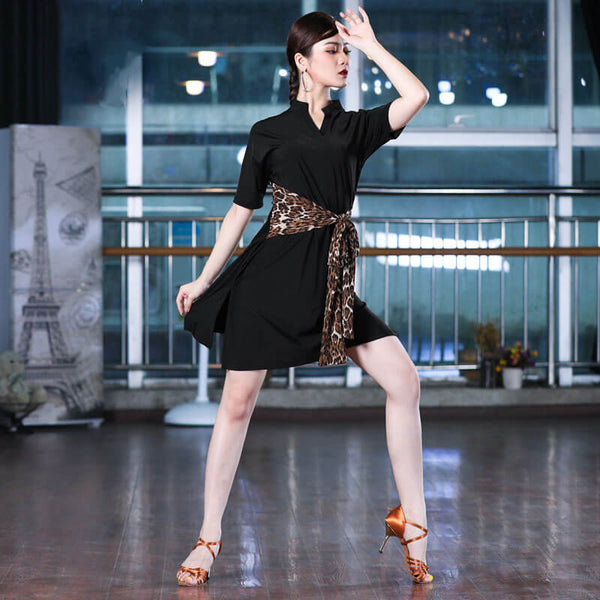 Womens A-Line Knee-Length High Neck Short Sleeve Latin Dress with Belt DANCEYM Womens A-Line Knee-Length High Neck Short Sleeve Latin Dress with Belt DANCEYM