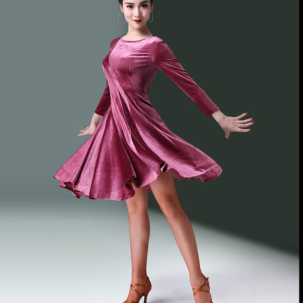 long sleeve knee length velvet dress Womens A-Line Knee-Length Crew Neck Long Sleeve Latin Dress – DANCEYM