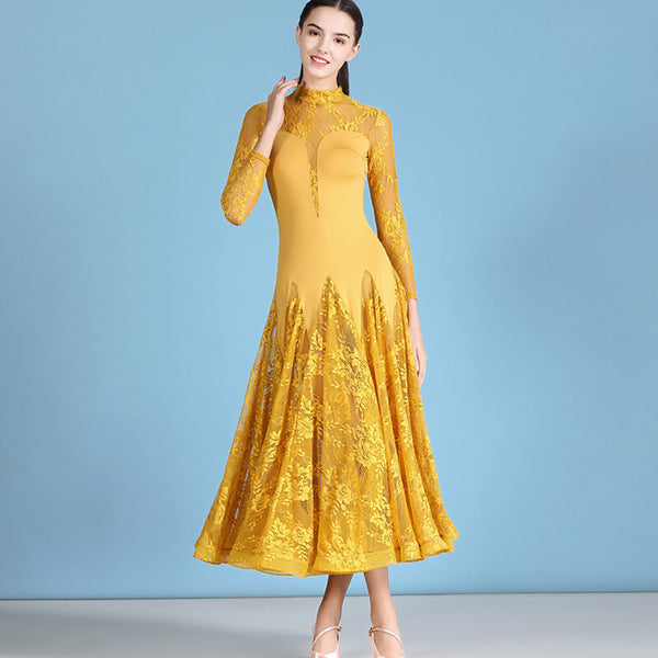 Womens High Neck Glamorous Long Sleeve Ballroom Dress with Lace – DANCEYM