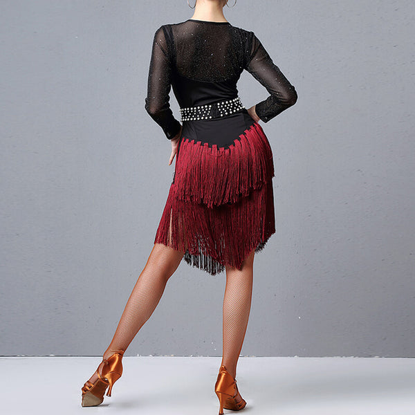 Womens Asymmetric Knee-Length Long Sleeve Latin Dress with Tassels – DANCEYM