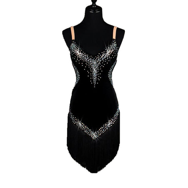 Womens Asymmetric Spaghetti Strap Sleeveless Latin Dress with Tassels