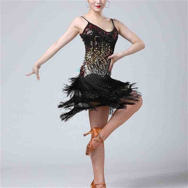 Womens A-Line Mini Spaghetti Strap Sleeveless Latin Dress with Tassels DANCEYM Womens A-Line Mini Spaghetti Strap Sleeveless Latin Dress with Tassels DANCEYM