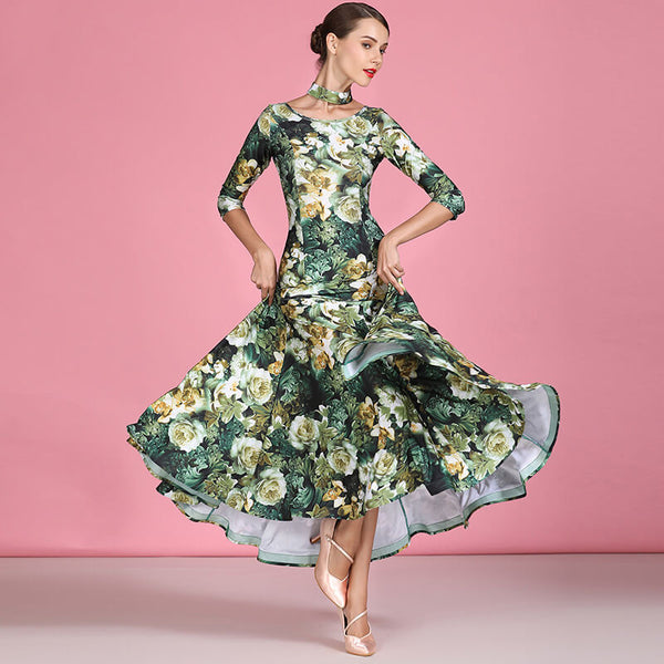 midi ballroom dress for women Womens Draped Long Boat Neck Half Sleeve Ballroom Dress – DANCEYM