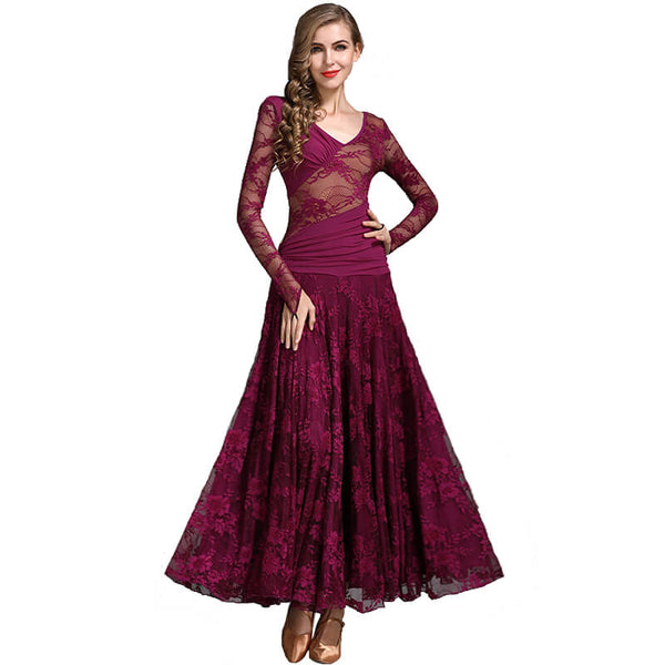 Womens Flared Maxi V Neck Extended Sleeve Ballroom Dress Lace  DANCEYM