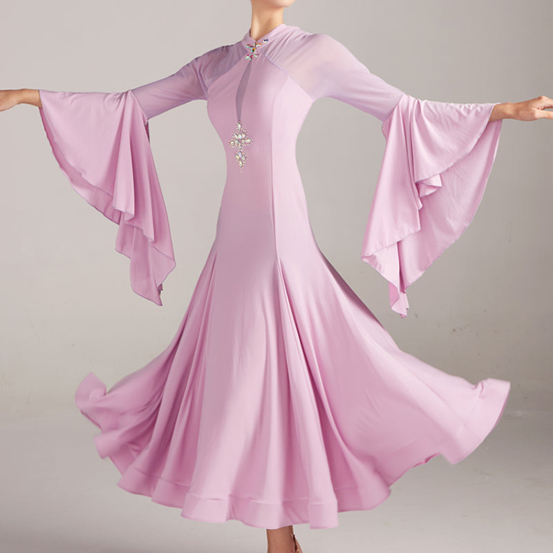 Women Flare Sleeve Long Ballroom Dance Dress Backless Dance Dress – DANCEYM