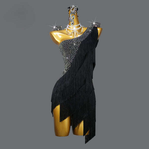 Customized Black Tassel Fringed Latin Dance Dress