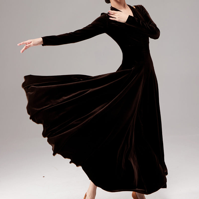 Women Long Sleeve V Neck Velvet Swing Solid Color Ballroom Dance Dress – DANCEYM