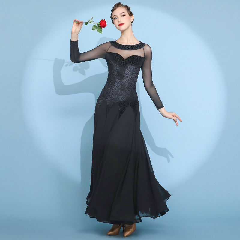 Women Long Sleeve Velvet Black Round Neck Ballroom Dance Dress – DANCEYM