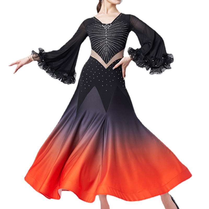 Women Puff Sleeve Patchwork Ballroom Dance Dress with Rhinestones – DANCEYM