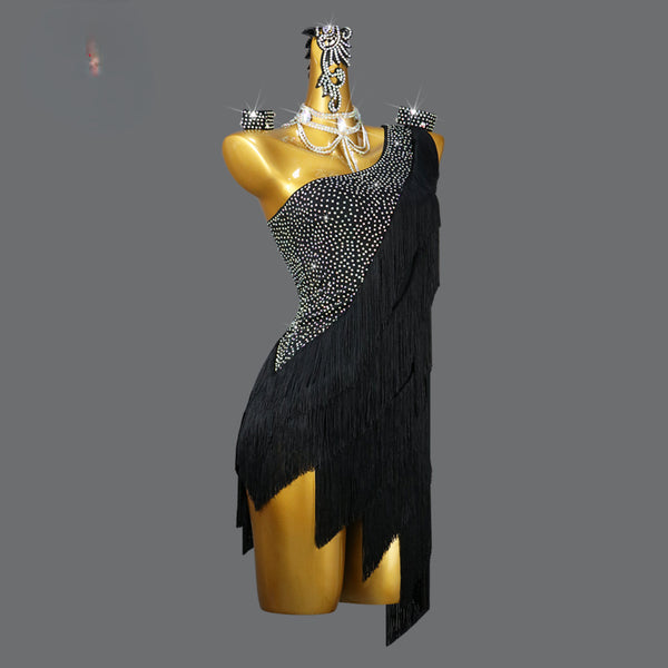 Customized Black Tassel Fringed Latin Dance Dress