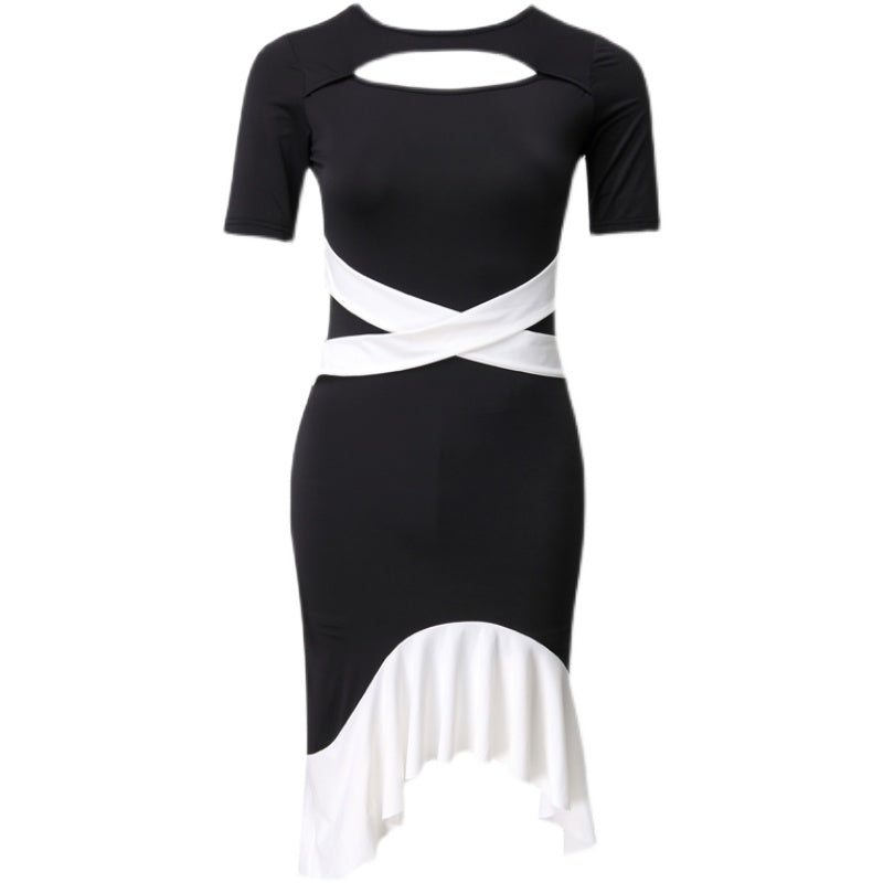 Women Crew Neck Short Sleeve Patchwork Latin Dance Dress DANCEYM Women Crew Neck Short Sleeve Patchwork Latin Dance Dress DANCEYM