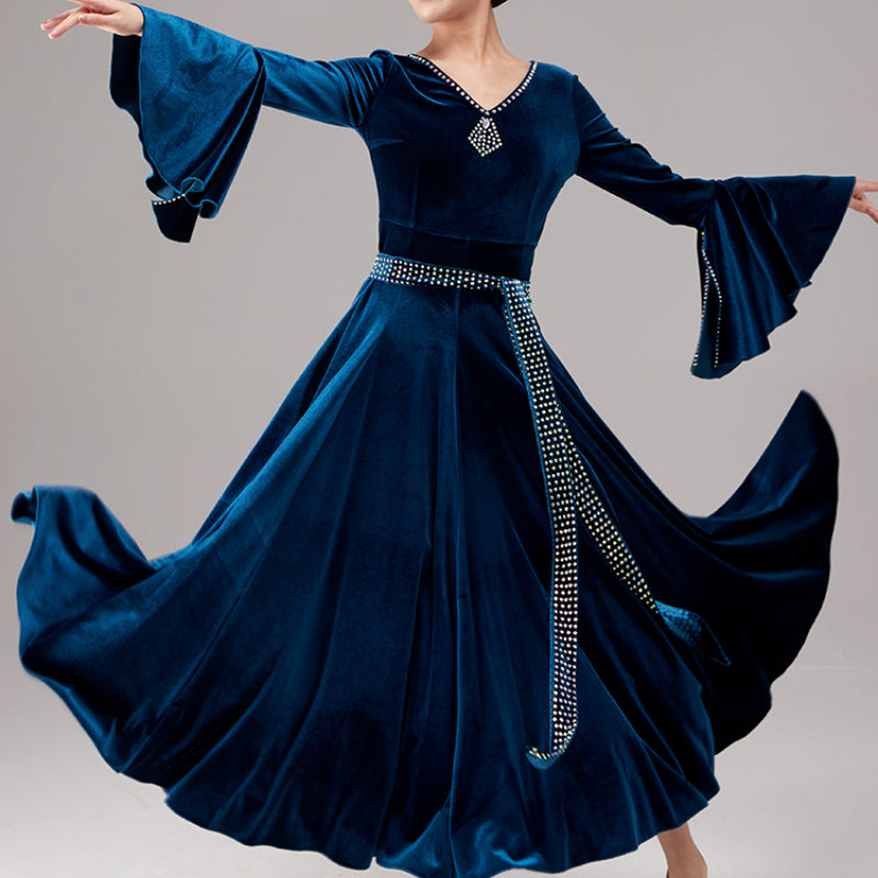 Women Big Swing Puff Sleeve Ballroom Dance Dress With Belt Performance Dancewear DANCEYM Women Big Swing Puff Sleeve Ballroom Dance Dress With Belt Performance Dancewear DANCEYM