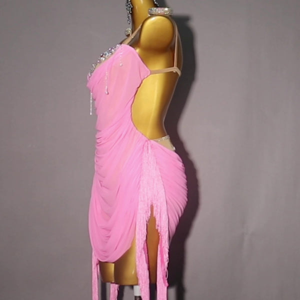 Customized  Slip Backless Pink Latin Dance Dress