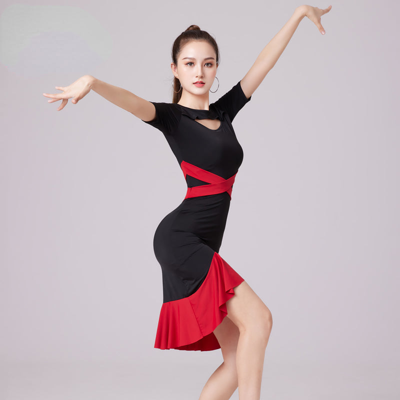 Women Crew Neck Short Sleeve Patchwork Latin Dance Dress – DANCEYM