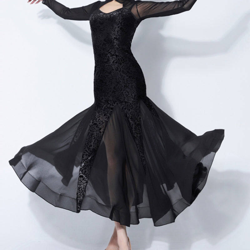 black mesh dance dress Women Long Sleeve Mesh Patchwork High Neck Ballroom Dance Dress – DANCEYM