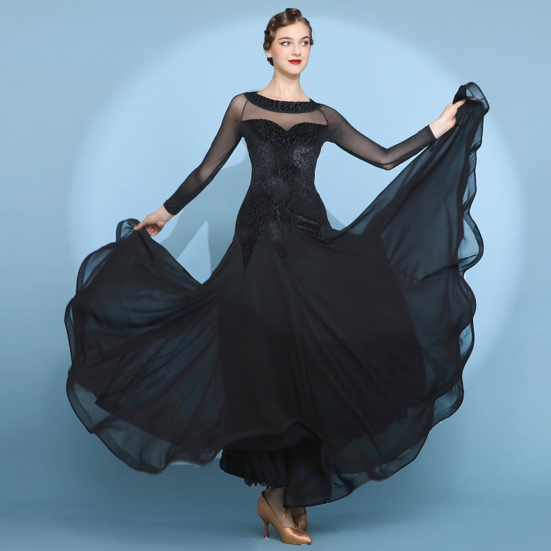 Women Long Sleeve Velvet Black Round Neck Ballroom Dance Dress DANCEYM Women Long Sleeve Velvet Black Round Neck Ballroom Dance Dress DANCEYM