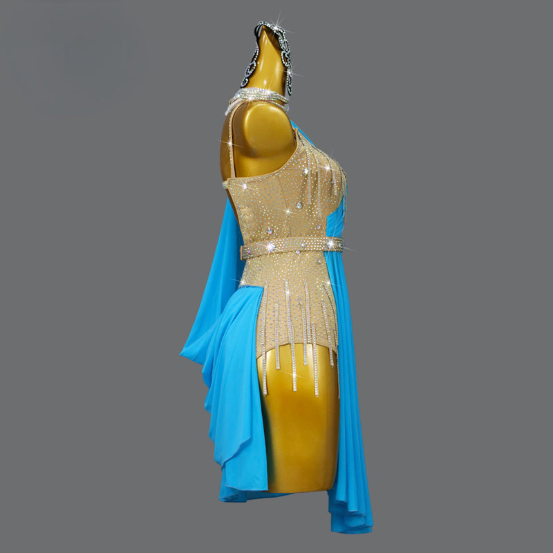 Blue Slip Tassel Latin Dance Dress