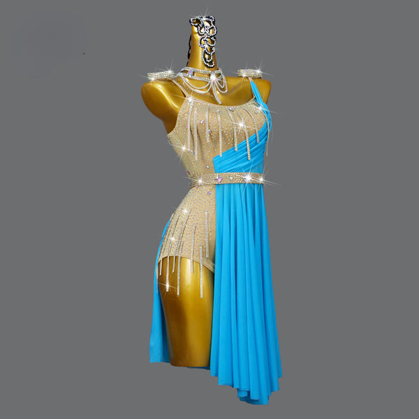 Blue Slip Tassel Latin Dance Dress