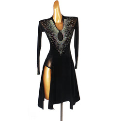 Women V Neck Long Sleeve High Slit Diamonds Latin Dance Dress DANCEYM Women V Neck Long Sleeve High Slit Diamonds Latin Dance Dress DANCEYM