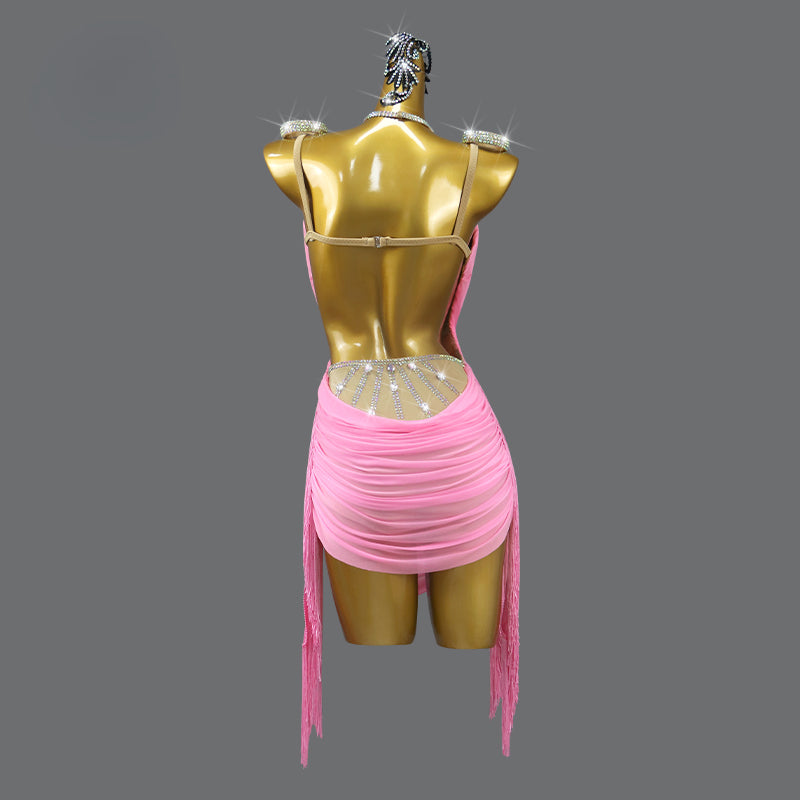 Customized  Slip Backless Pink Latin Dance Dress