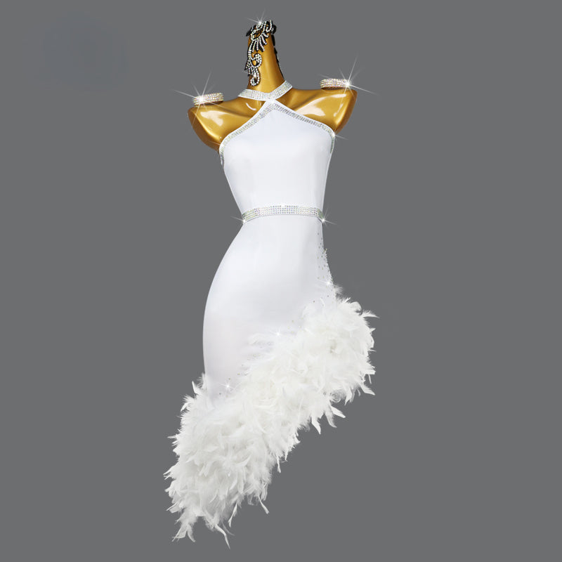 Customized Professional Latin Dance Dress White Feather Trim Hemba Cha Cha Performance Dancing Costume – DANCEYM Customized Professional Latin Dance Dress White Feather Trim Hemba Cha Cha Performance Dancing Costume – DANCEYM