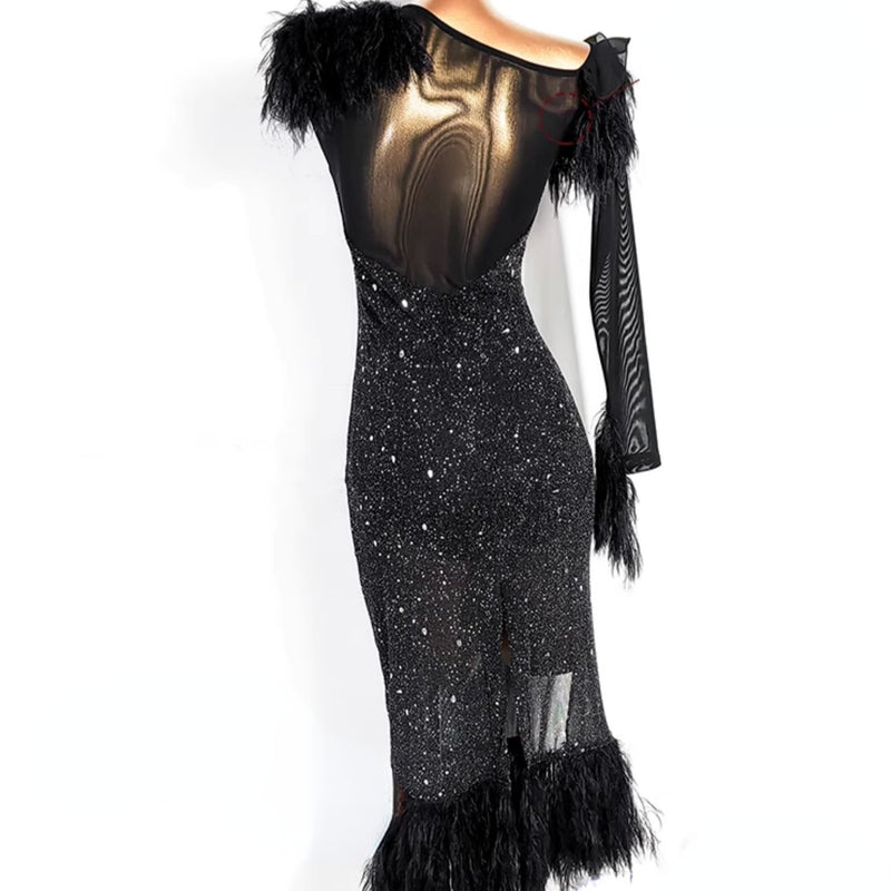 Feather Slanted Shoulder Latin Dance Dress