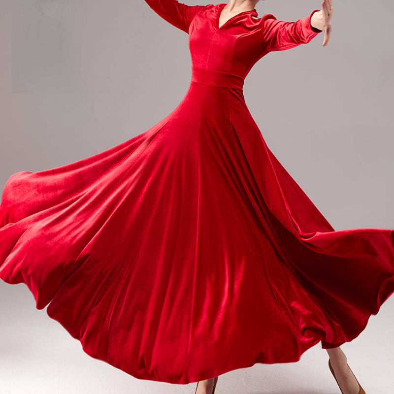 open lace back dress Women Long Sleeve V Neck Velvet Swing Solid Color Ballroom Dance Dress –  DANCEYM