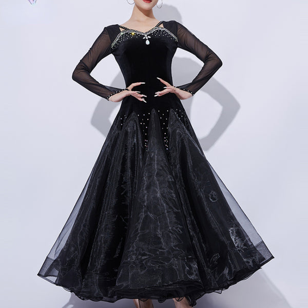 Women Mesh Diomand Velvet Long Sleeve Ballroom Dance Dress Practice ...