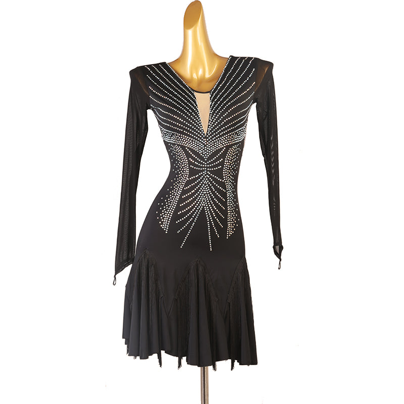 Women Long Sleeve V Neck Diamond Latin Dance Dress with Tassels – DANCEYM