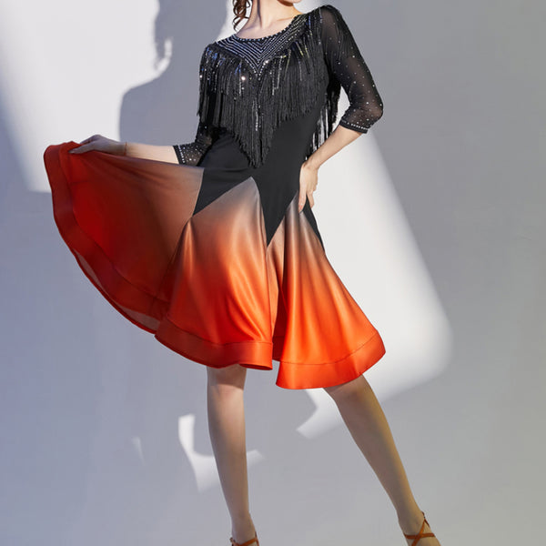 Gradient Long Sleeve Latin Dance Dress With Tassel