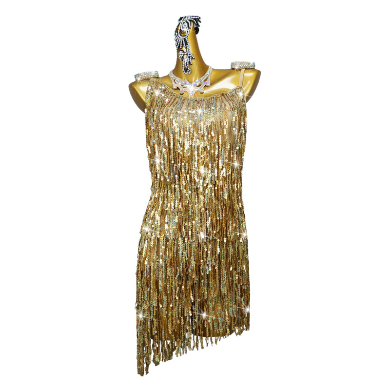 Customized Gold Sequins Latin Dress Backless Tassel Fringed Short Dance Skirt Tango Salsa Samba Dancewear Competition Outfits DANCEYM Customized Gold Sequins Latin Dress Backless Tassel Fringed Short Dance Skirt Tango Salsa Samba Dancewear Competition Outfits DANCEYM