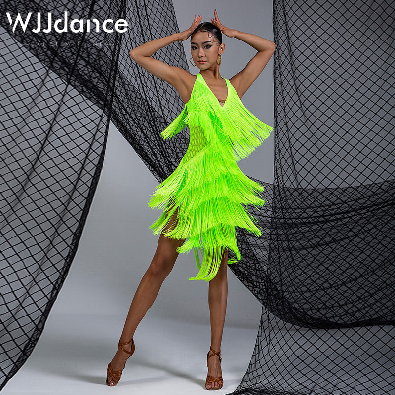 Women Solid Color V-neck Fringe Backless Latin Dance Dress DANCEYM Women Solid Color V-neck Fringe Backless Latin Dance Dress DANCEYM