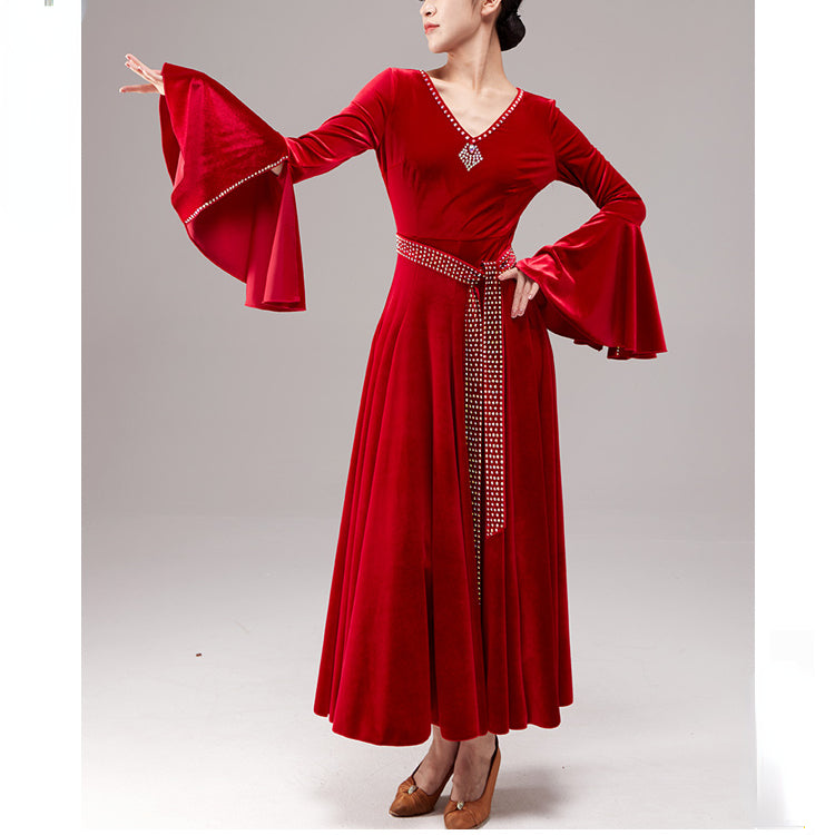 Puff Sleeve Ballroom Dance Dress With Belt