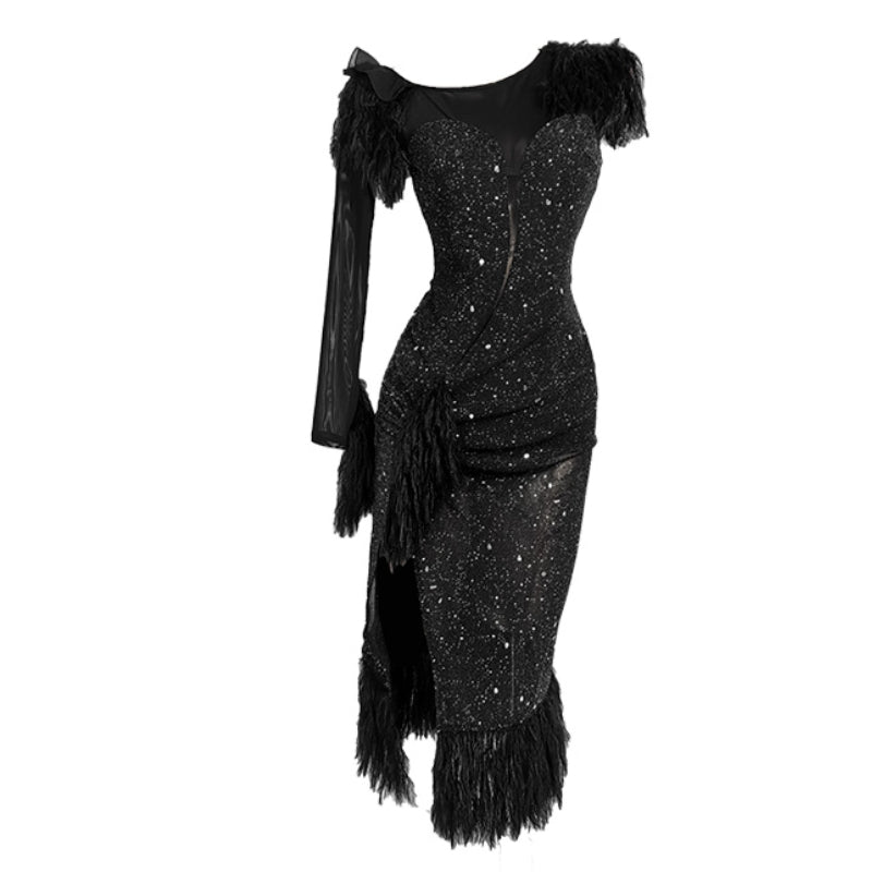 Feather Slanted Shoulder Latin Dance Dress