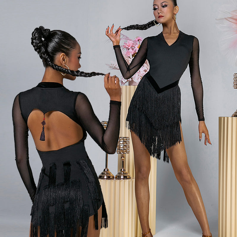 Women Backless Solid Color Mesh Hollow Out Latin Dance Dress  DANCEYM