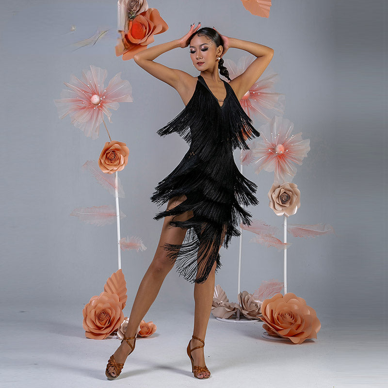 Women Solid Color V-neck Fringe Backless Latin Dance Dress – DANCEYM