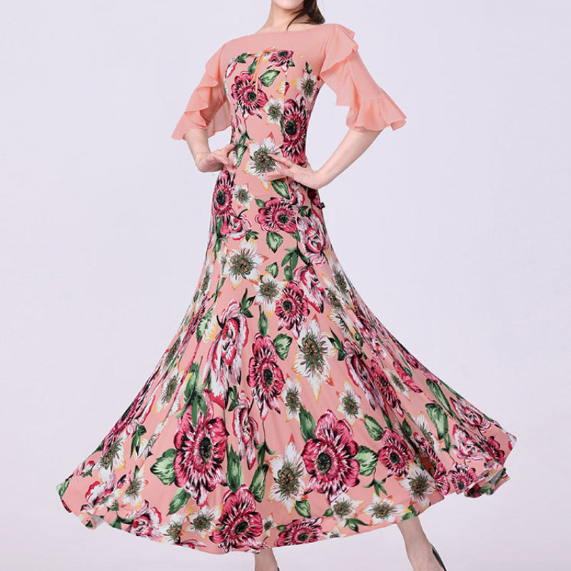 Women Lotus Leaf Sleeve Pink Patchwork Flower Printed Long Ballroom Dance  Dress – DANCEYM