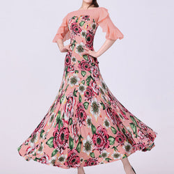 Lotus Leaf Sleeve Pink Ballroom Dance Dress