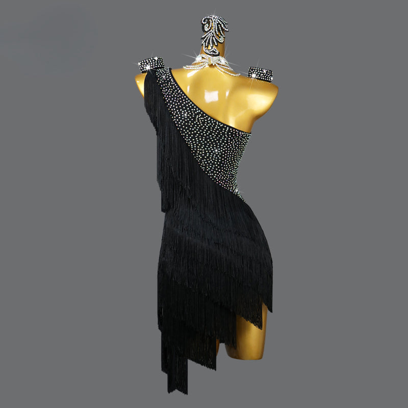 Customized Black Tassel Fringed Latin Dance Dress