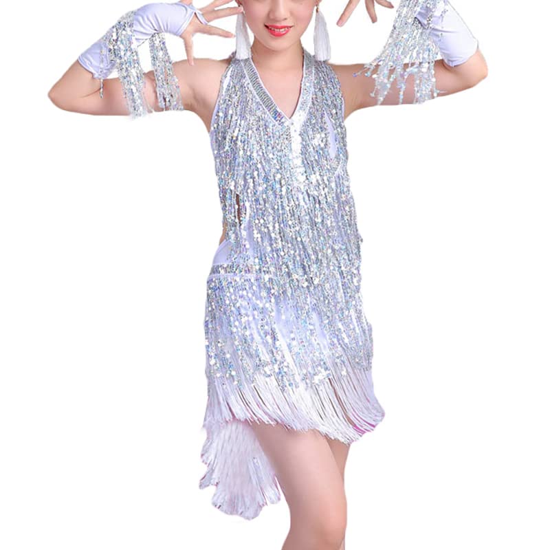 Kids Girls Sequins Fringe Latin Dance Dress