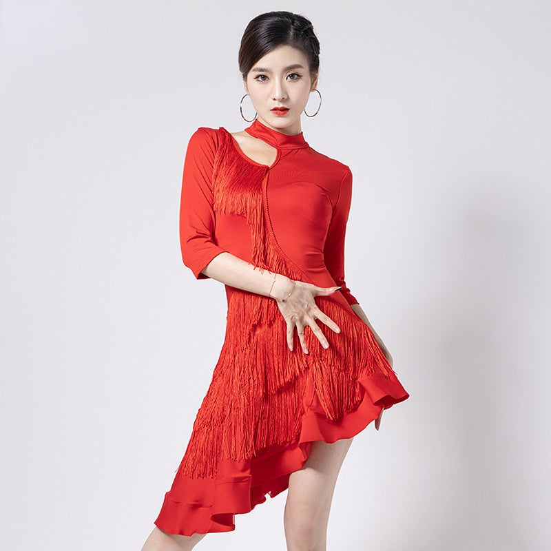 Asymmetric Half Sleeve Latin Dance Dress With Tassel