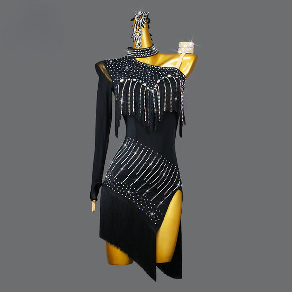 Black  Split Rhinestone Latin Dance Dress