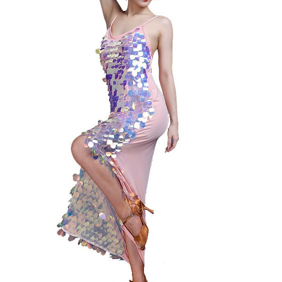 V Neck Glitter Sequin Slip Shiny Latin Dance Dress