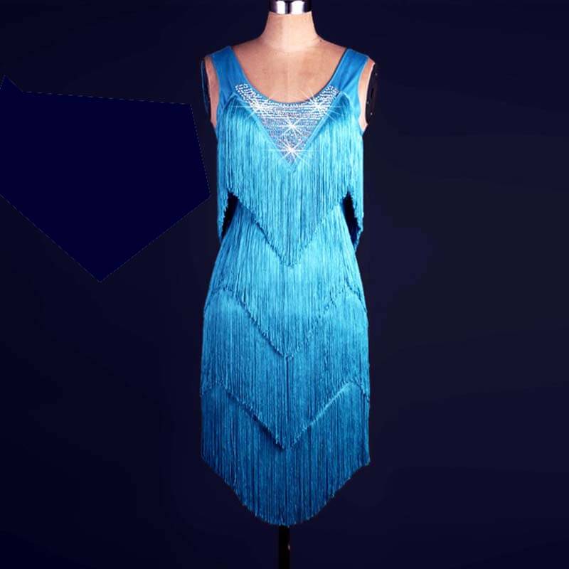 Diamond Tassel Latin Dance Dress-Lake Blue