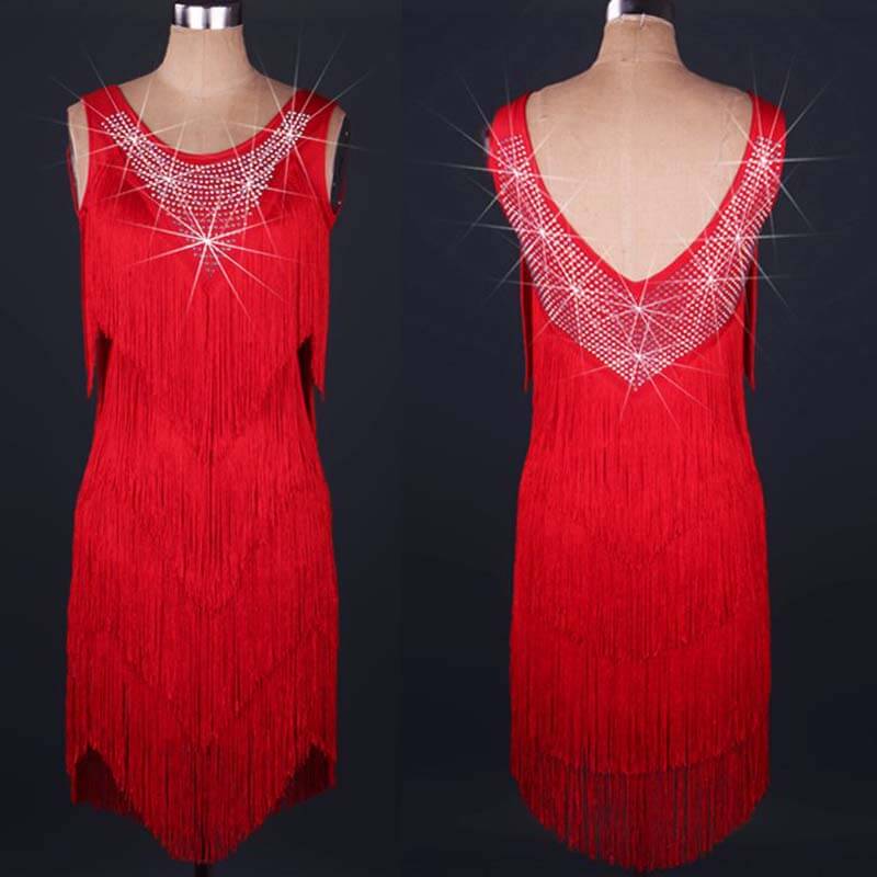 Diamond Tassel Latin Dance Dress-Red