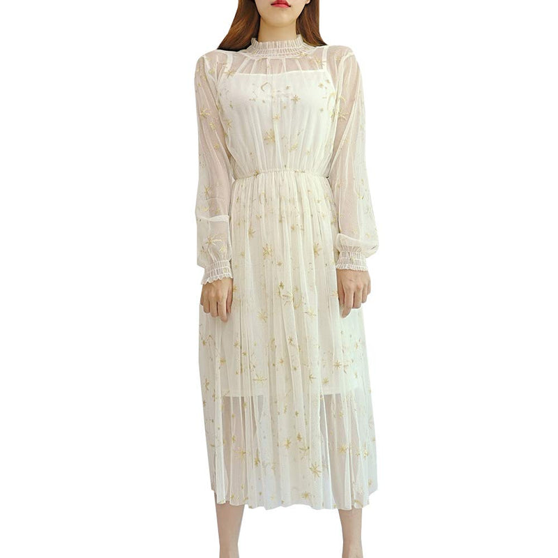 Women Ruffle Gothic Chiffon Dress Stars Moon Print Embroidered Mesh Long Puff Sleeve Lolita Summer