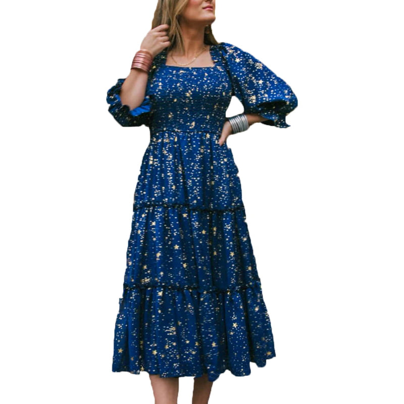 Women Stars Printed Square Neck Puff Sleeve Princess Midi Dress